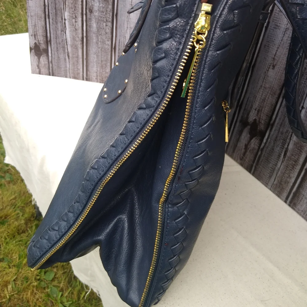 Leather Messenger Tote Bag Expandable Convertible Bag Navy Blue - Picture 8 of 16